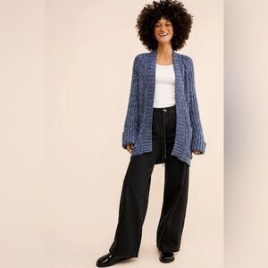 Free People Oversized Blue Slouchy Cotton Knit Blossom Open Cardigan Pockets